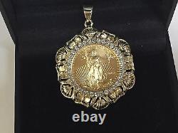 22kt Fine Gold 1/4 Oz Lady Liberty Coin With. 85tcw Diamonds-14kt Frame Pendant