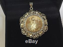 22kt Fine Gold 1/4 Oz Lady Liberty Coin With. 85tcw Diamonds-14kt Frame Pendant