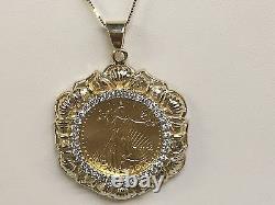 22kt Fine Gold 1/4 Oz Lady Liberty Coin With. 85tcw Diamonds-14kt Frame Pendant