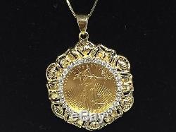 22kt Fine Gold 1/4 Oz Lady Liberty Coin With. 85tcw Diamonds-14kt Frame Pendant