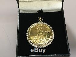 22kt Fine Gold 1 Oz Lady Liberty Coin With 1.4 Tcw Diamonds-14kt Frame Pendant