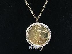 22kt Fine Gold 1 Oz Lady Liberty Coin With 1.4 Tcw Diamonds-14kt Frame Pendant