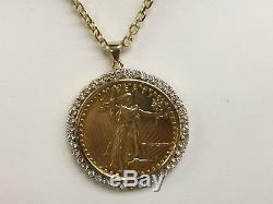 22kt Fine Gold 1 Oz Lady Liberty Coin With 1.4 Tcw Diamonds-14kt Frame Pendant