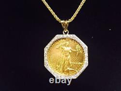 22kt Fine Gold 1 Oz Lady Liberty Coin With 1.87 Tcw Diamonds-14kt Frame Pendant