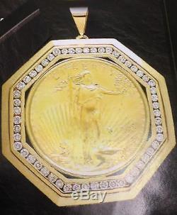 22kt Fine Gold 1 Oz Lady Liberty Coin With 2.1 Tcw Diamonds-14kt Frame Pendant