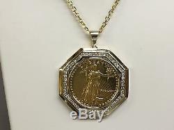 22kt Fine Gold 1 Oz Lady Liberty Coin With 2.1 Tcw Diamonds-14kt Frame Pendant