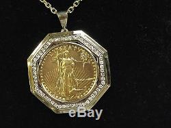 22kt Fine Gold 1 Oz Lady Liberty Coin With 2.1 Tcw Diamonds-14kt Frame Pendant