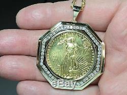 22kt Fine Gold 1 Oz Lady Liberty Coin With 2.1 Tcw Diamonds-14kt Frame Pendant