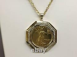 22kt Fine Gold 1 Oz Lady Liberty Coin With 4.1 Tcw Diamonds-14kt Frame Pendant