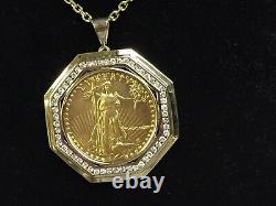 22kt Fine Gold 1 Oz Lady Liberty Coin With 4.1 Tcw Diamonds-14kt Frame Pendant