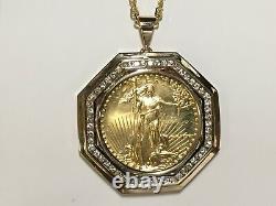 22kt Fine Gold 1 Oz Lady Liberty Coin With 4.1 Tcw Diamonds-14kt Frame Pendant