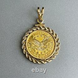 24K Fine Gold American Bullion 1/10 Oz & 14k Coin Bezel Rope Pendant Necklace
