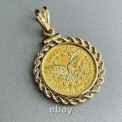 24K Fine Gold American Bullion 1/10 Oz & 14k Coin Bezel Rope Pendant Necklace