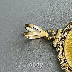 24K Fine Gold American Bullion 1/10 Oz & 14k Coin Bezel Rope Pendant Necklace