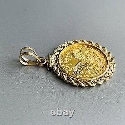 24K Fine Gold American Bullion 1/10 Oz & 14k Coin Bezel Rope Pendant Necklace