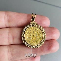 24K Fine Gold American Bullion 1/10 Oz & 14k Coin Bezel Rope Pendant Necklace