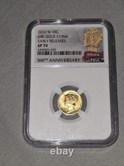 24KT GOLD 999. Fine 1/10 Oz 2016 W 10c Mercury Dime SP70 EARLY RELEASE NGC SLAB 24KT GOLD 999. Fine 1/10 Oz 2016 W 10c Mercury Dime SP70 EARLY RELEASE NGC SLAB