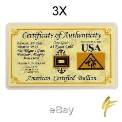 3X 1 GR PURE SOLID. 9999 24k fine Gold Bar Bullion Nugget Coin Certificate Gift