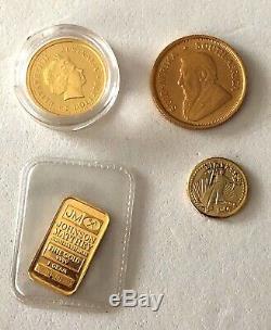 4- Gold Coins, 1/10 Oz Fine Gold Krugerand, 1 Gram Jm 9999 Fine Gold, + 2 Others