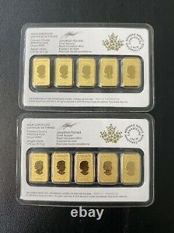 (5) 2016 $25 Royal Canadian Mint Gold Bar Coin 1/10 oz (BU) 24KT. 9999 Fine Gold