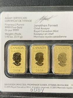 (5) 2016 $25 Royal Canadian Mint Gold Bar Coin 1/10 oz (BU) 24KT. 9999 Fine Gold