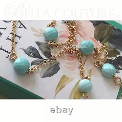 $700 New 18k Yellow Gold Light Turquoise 24 Genstone Vtg Station Chain Necklace