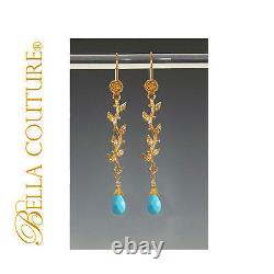 $700 New 18k Yellow Gold Light Turquoise 24 Genstone Vtg Station Chain Necklace