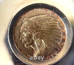 90% Pure Gold Indian Head Eagle 2 1/2 Dollars Coin 1929 In 14K Bezel Pendant