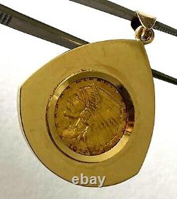 90% Pure Gold Indian Head Eagle 2 1/2 Dollars Coin 1929 In 14K Bezel Pendant