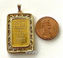 999.9 Pure Fine Gold 5gr Credit Suisse Coin Bar In 14K Frame Pendant