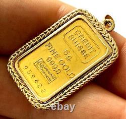 999.9 Pure Fine Gold 5gr Credit Suisse Coin Bar In 14K Rope Frame Pendant