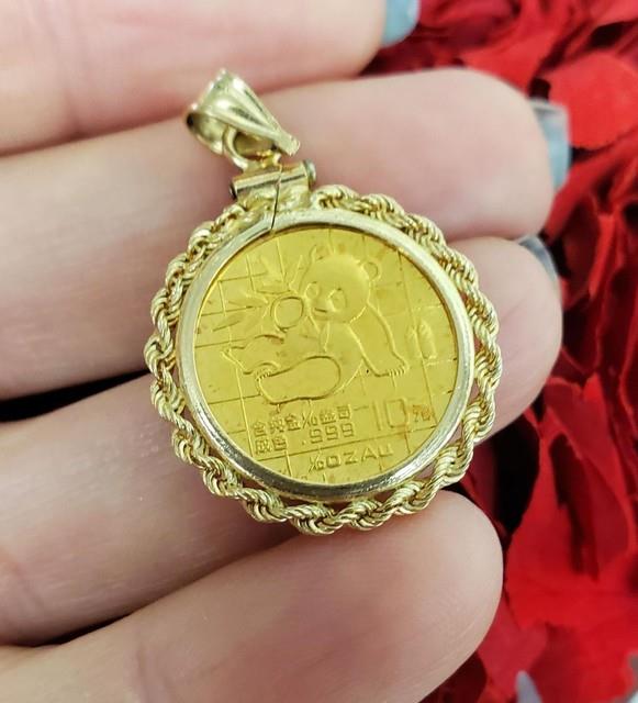 999 Fine Gold 1/10oz 1989 Panda Coin Pendant In 14k Yellow Gold Rope Bezel