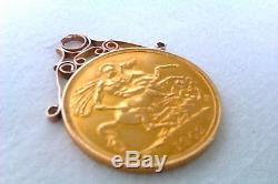 9ct Rose Gold Mounted 22ct Gold Two Pound Coin Edwardian Pendant 1902 Very Fine