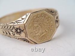 ANTIQUE VICTORIAN 10K GOLD 1854 FRACTIONAL INDIAN HEAD COIN RING sz 8