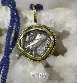 Ancient Greek Coin Pendant Silver Rare 18K Solid Gold Athena 353-294 BC Owl Blue