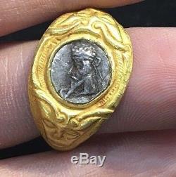Ancient Silver Coin Roman King Genuine ARTEMIS Cameo Face Solid 22K Gold Ring