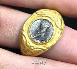 Ancient Silver Coin Roman King Genuine ARTEMIS Cameo Face Solid 22K Gold Ring