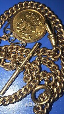 Antique 9ct Gold Double Albert Fob Watch Chain Full 22ct Sovereign Coin 1912