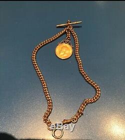 Antique 9ct Gold Double Albert Fob Watch Chain Full 22ct Sovereign Coin 1912