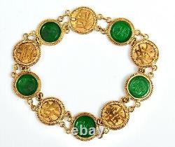 Antique Chinese Export 20K Gold and Jadeite Jade Coin Bracelet, Wang Hing