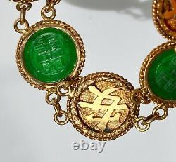 Antique Chinese Export 20K Gold and Jadeite Jade Coin Bracelet, Wang Hing
