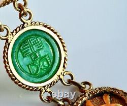 Antique Chinese Export 20K Gold and Jadeite Jade Coin Bracelet, Wang Hing