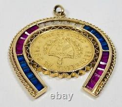 Antique Gypsy Fine Gold Coin in 18K Horseshoe Frame Synthetic Stones Pendant