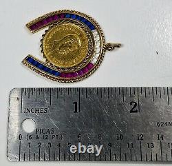 Antique Gypsy Fine Gold Coin in 18K Horseshoe Frame Synthetic Stones Pendant