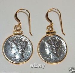 Antique Mercury Dime Earrings 90% Silver Coins 1/20th 14K Gold Bezels and Hooks