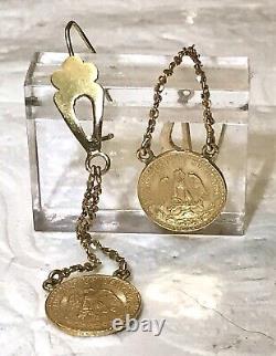 Antique Mexico Gold 1920 Dos Pesos Coin Earrings Drop From 14K pierced Settings