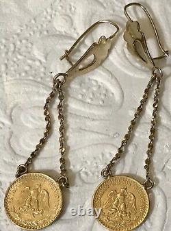 Antique Mexico Gold 1920 Dos Pesos Coin Earrings Drop From 14K pierced Settings