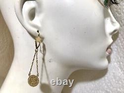Antique Mexico Gold 1920 Dos Pesos Coin Earrings Drop From 14K pierced Settings