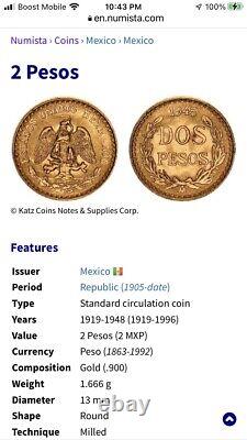 Antique Mexico Gold 1920 Dos Pesos Coin Earrings Drop From 14K pierced Settings