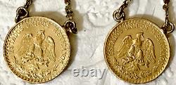 Antique Mexico Gold 1920 Dos Pesos Coin Earrings Drop From 14K pierced Settings